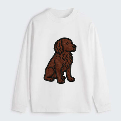 Boykin Spaniel - Rich chocolate brown wavy coat embroidered sitting pose - Classic Long Sleeve Shirt - White