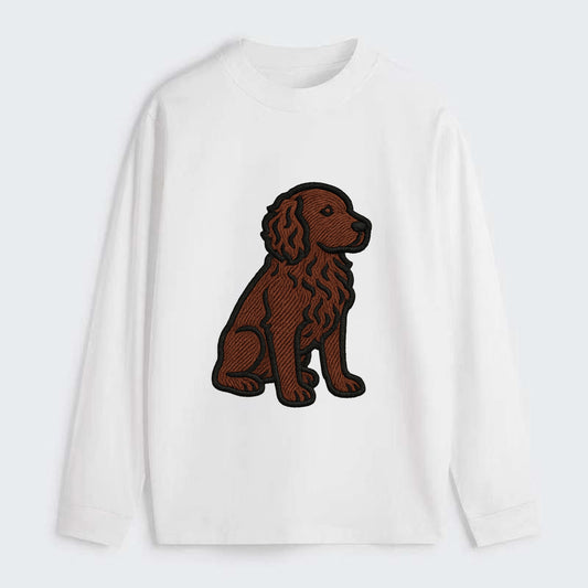 Boykin Spaniel - Rich chocolate brown wavy coat embroidered sitting pose - Classic Long Sleeve Shirt - White