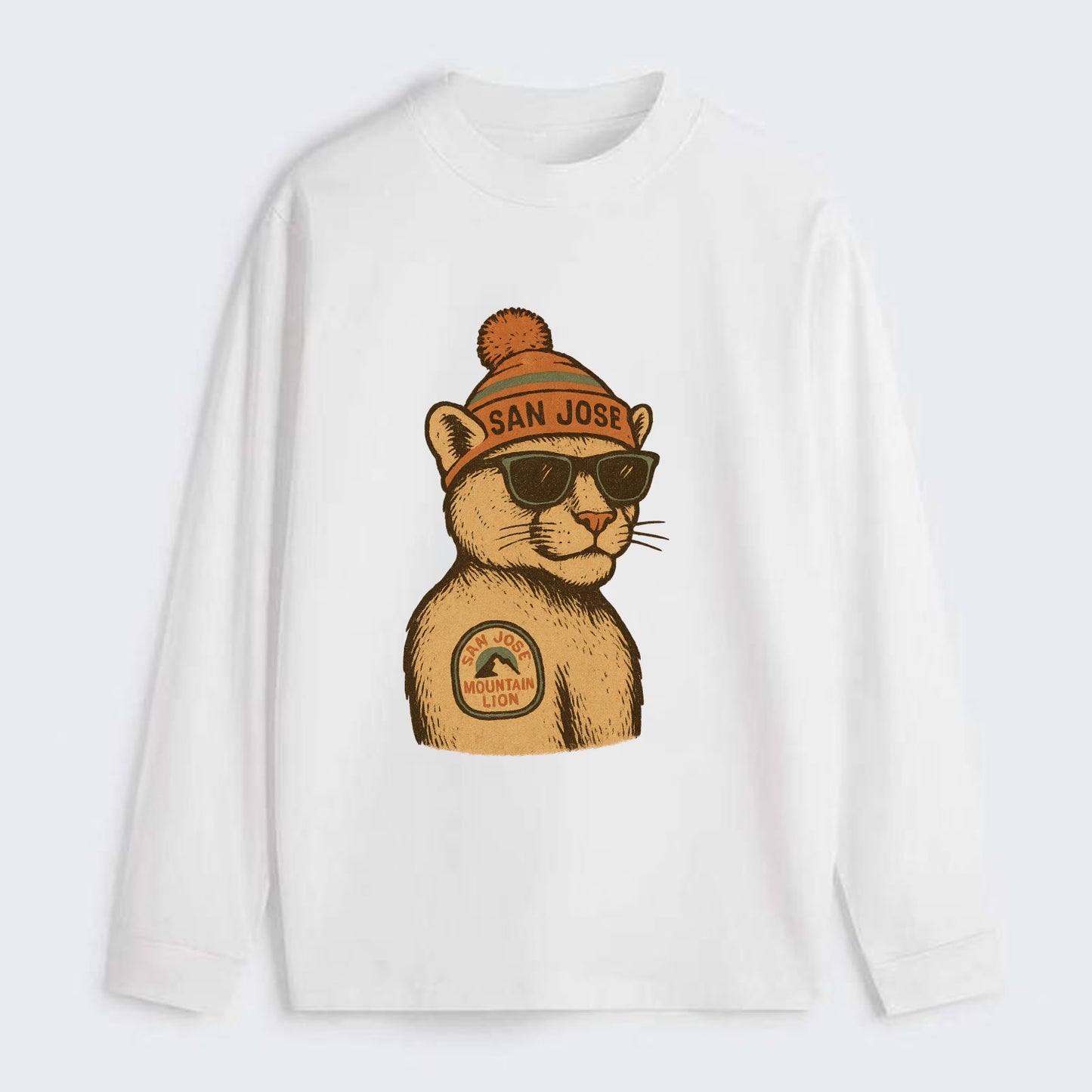 San Jose Mountain Lion wearing San Jose beanie with pom pom and - Classic Long Sleeve Shirt - White