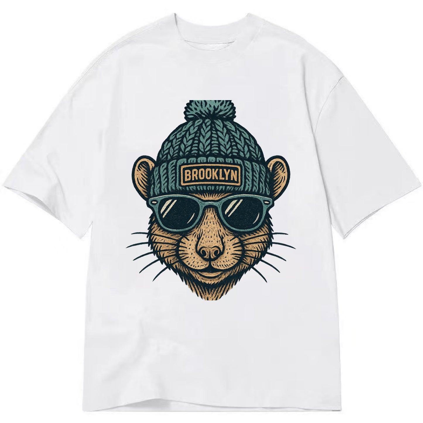 NYC Rat wearing Brooklyn beanie with pom pom and wayfarer sunglasses - Classic T-shirt - White