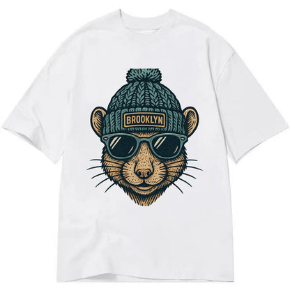 NYC Rat wearing Brooklyn beanie with pom pom and wayfarer sunglasses - Classic T-shirt - White