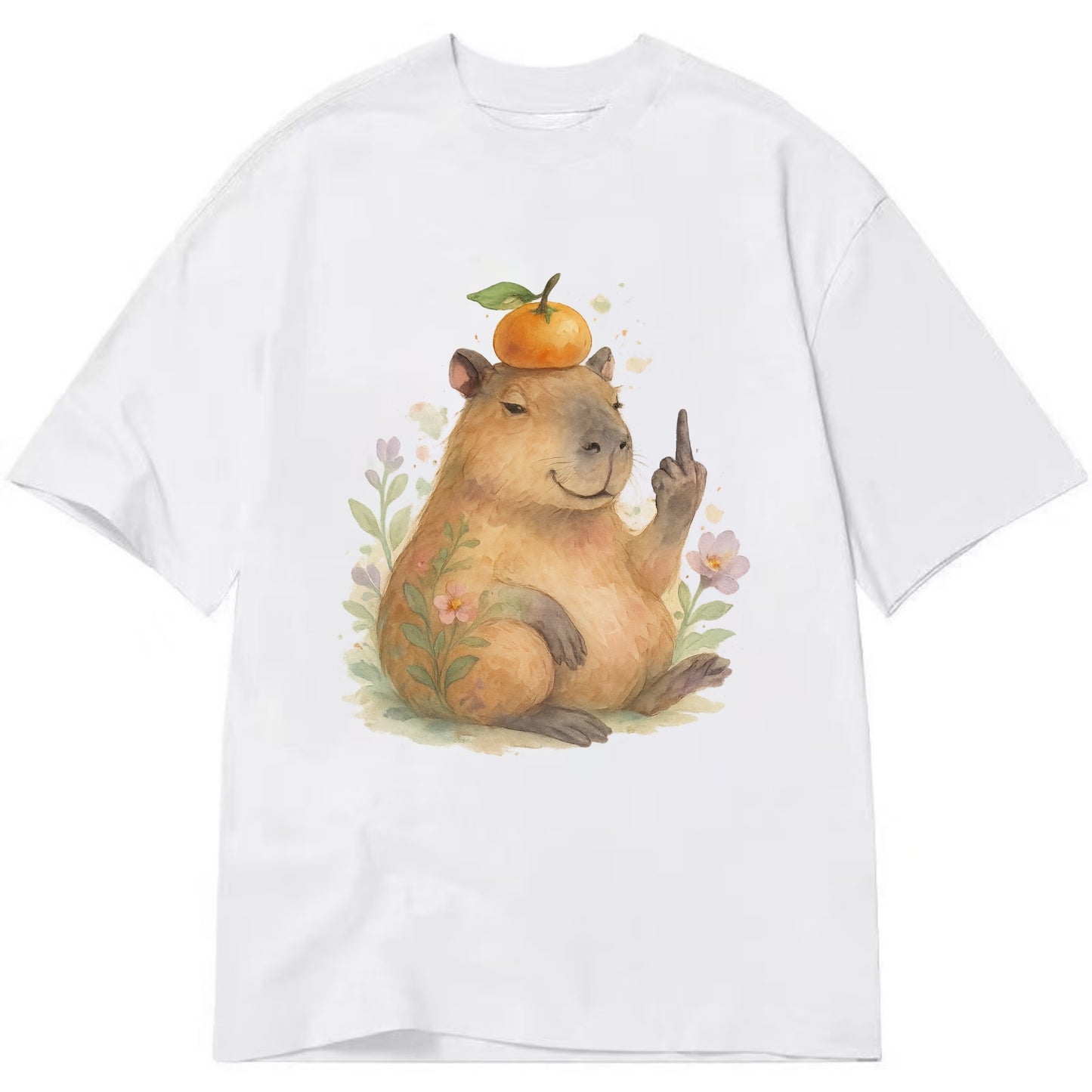 chonky capybara relaxing with orange on head, one webbed middle finger up - Classic T-shirt - White