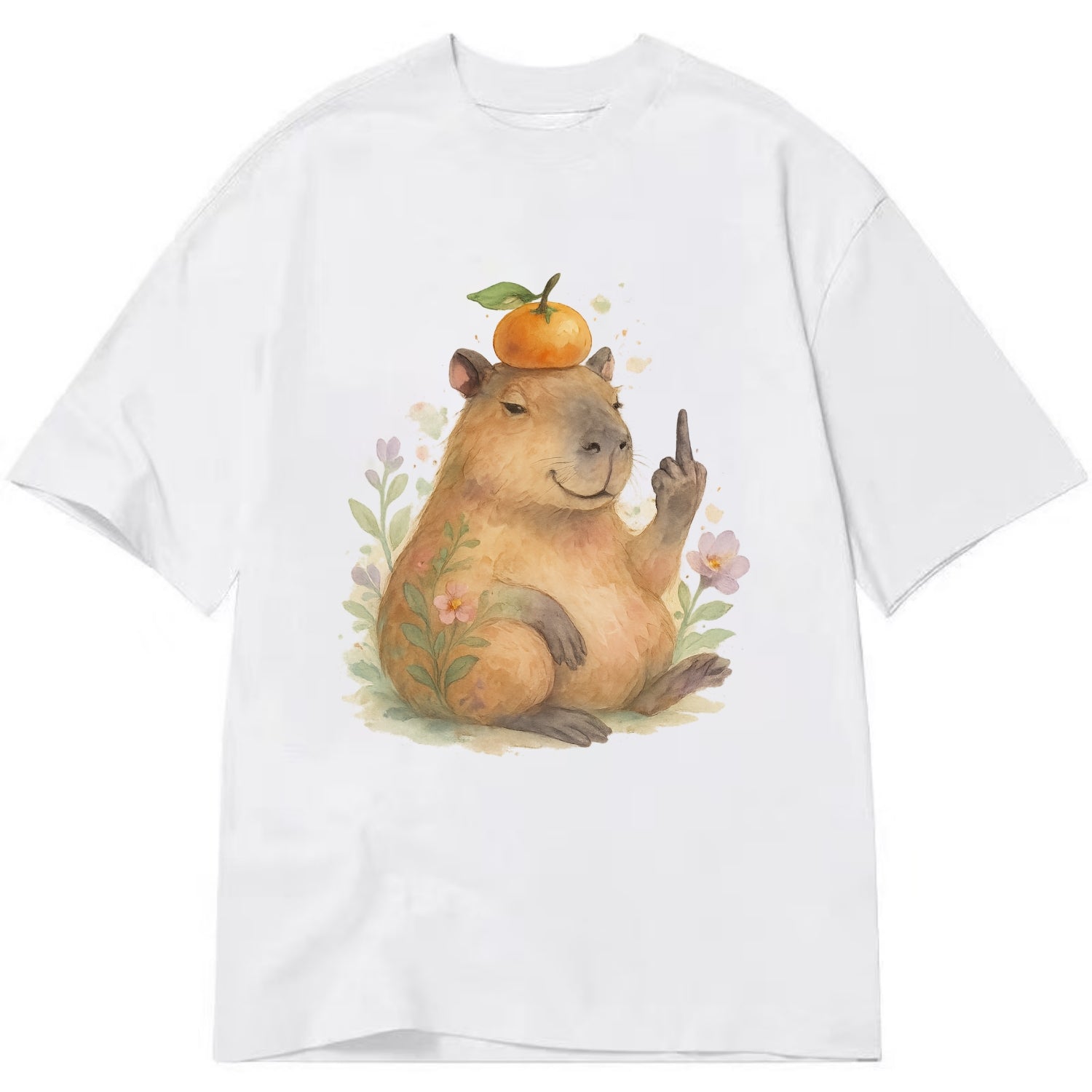 chonky capybara relaxing with orange on head, one webbed middle finger up - Classic T-shirt - White