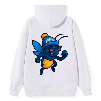 LA Lightning Bug wearing Chargers powder blue and gold beanie with pom - Classic Pullover Hoodie - White