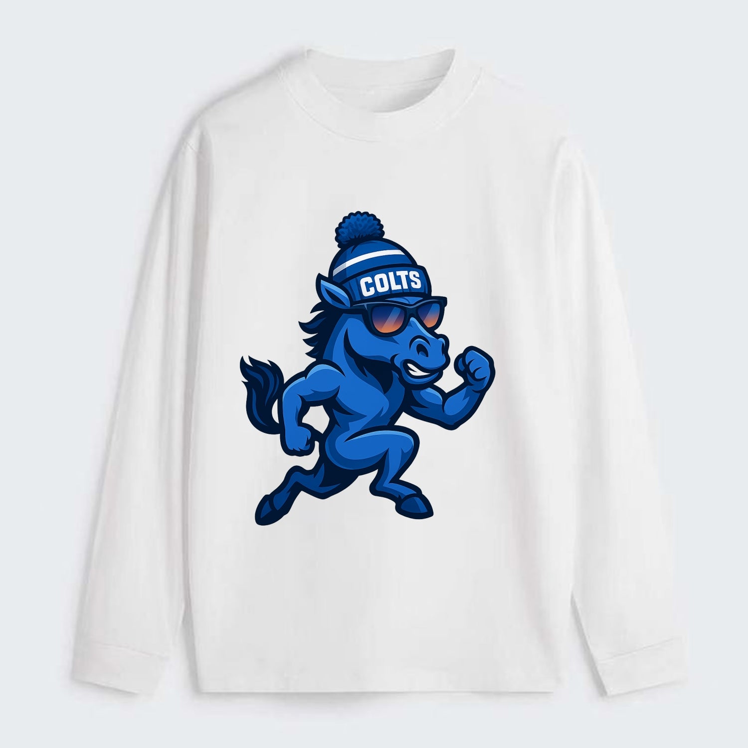 Indianapolis Colt Horse wearing Colts blue and white beanie with pom - Classic Long Sleeve Shirt - White