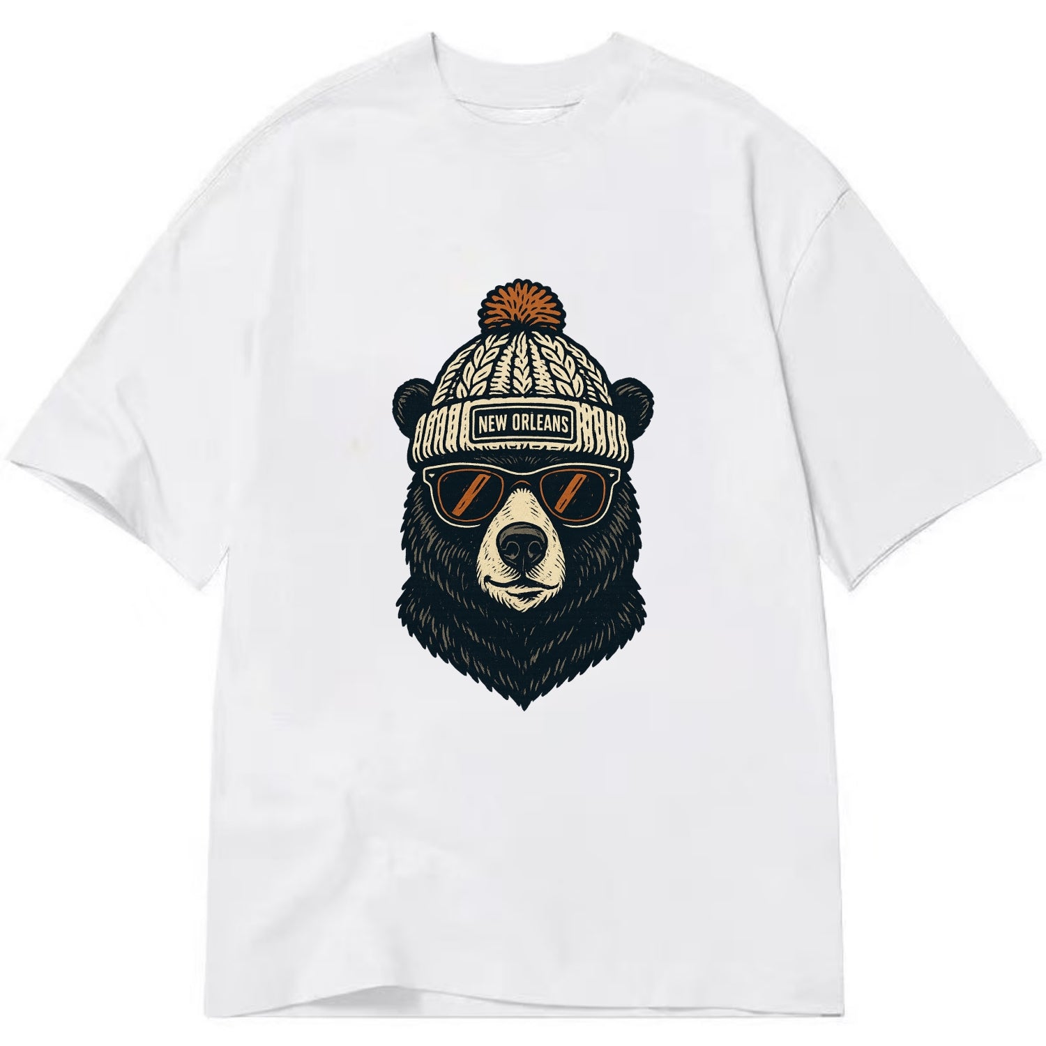 Louisiana Black Bear wearing New Orleans beanie with pom pom and wayfarer - Classic T-shirt - White