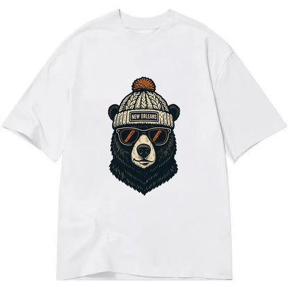 Louisiana Black Bear wearing New Orleans beanie with pom pom and wayfarer - Classic T-shirt - White