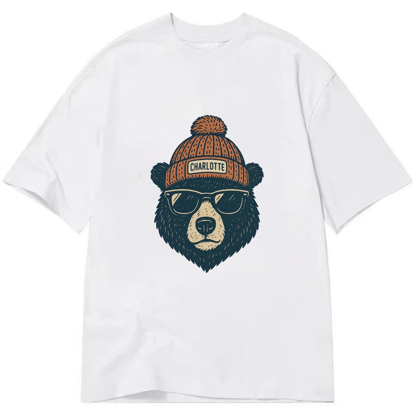 North Carolina Black Bear wearing Charlotte beanie with pom pom and wayfarer - Classic T-shirt - White
