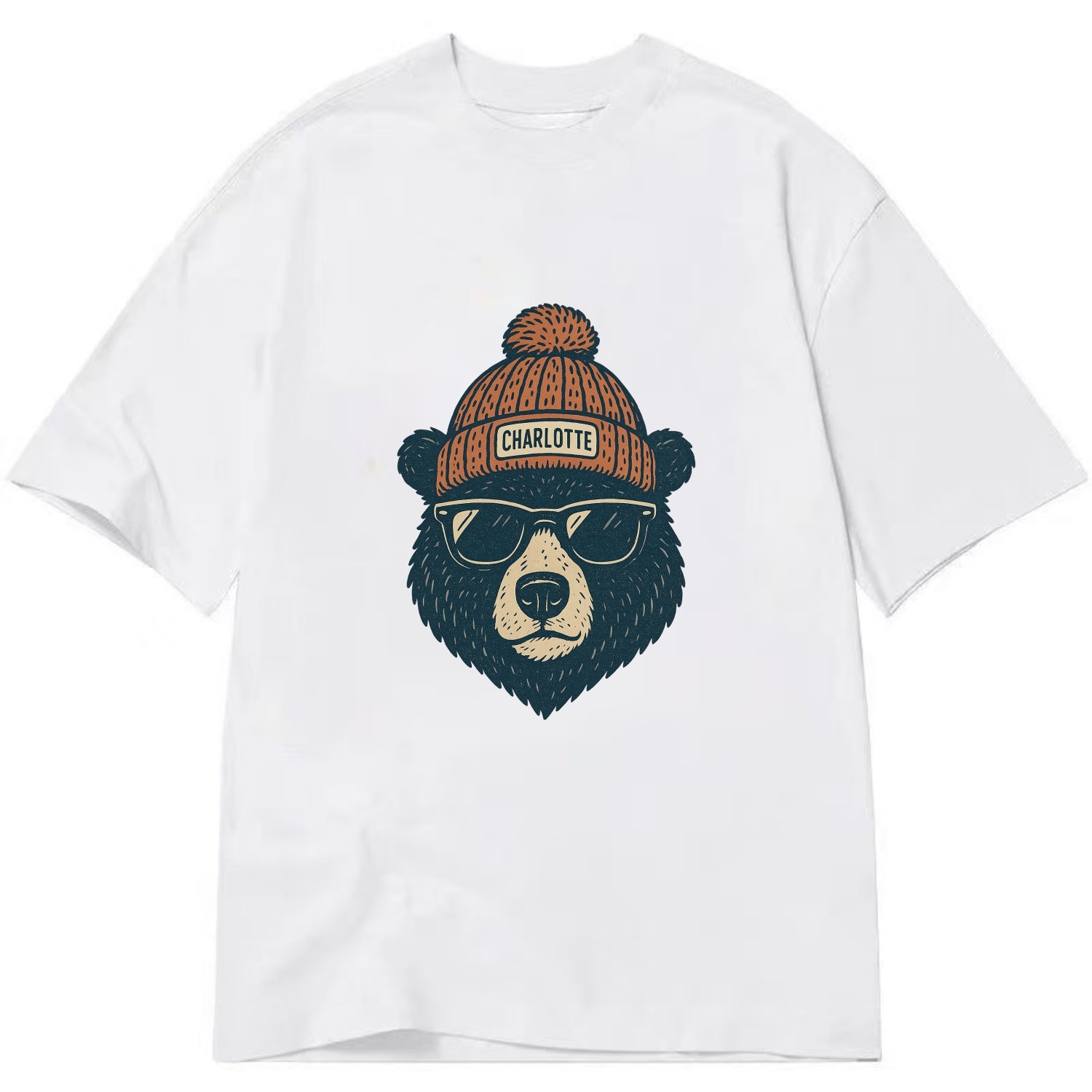North Carolina Black Bear wearing Charlotte beanie with pom pom and wayfarer - Classic T-shirt - White
