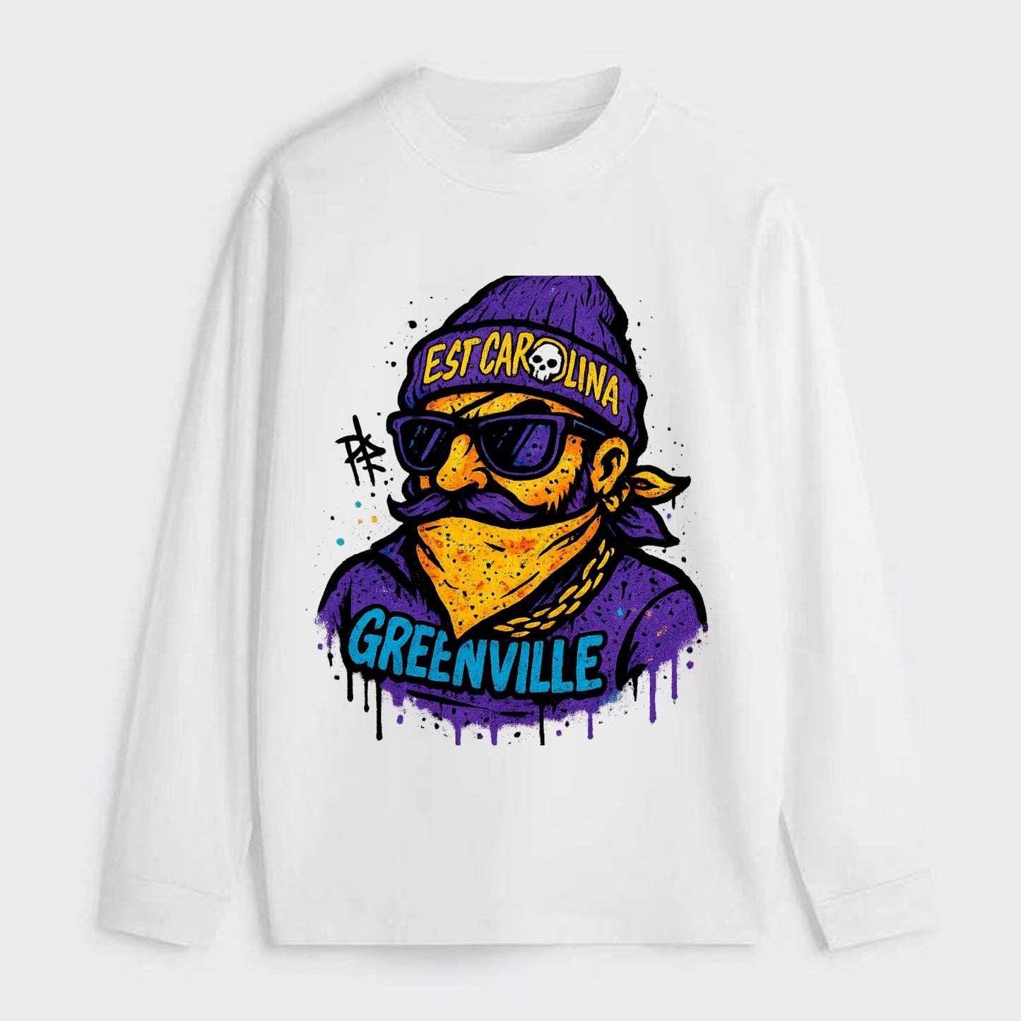 Greenville Pirate wearing East Carolina beanie with skull patch - Classic Long Sleeve Shirt - White