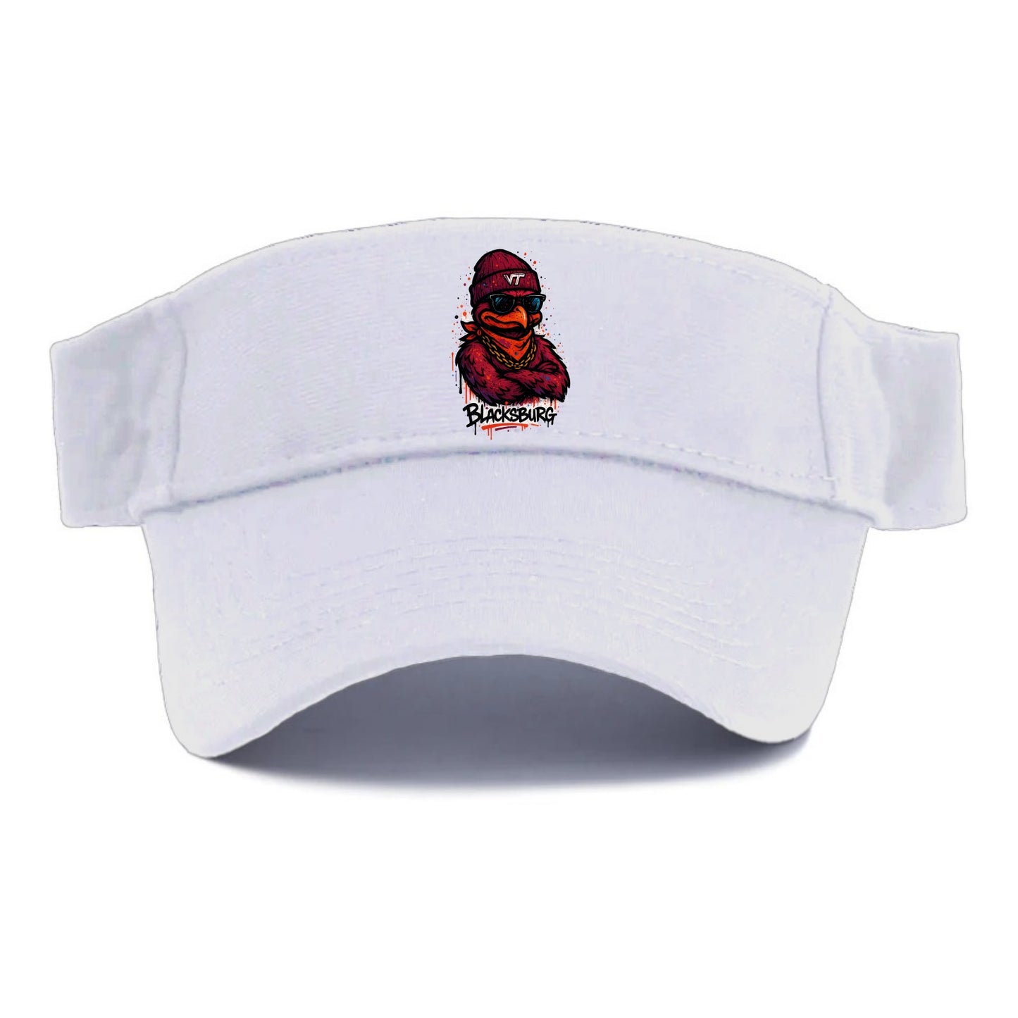 Blacksburg HokieBird wearing Virginia Tech beanie with VT patch - Visor - White