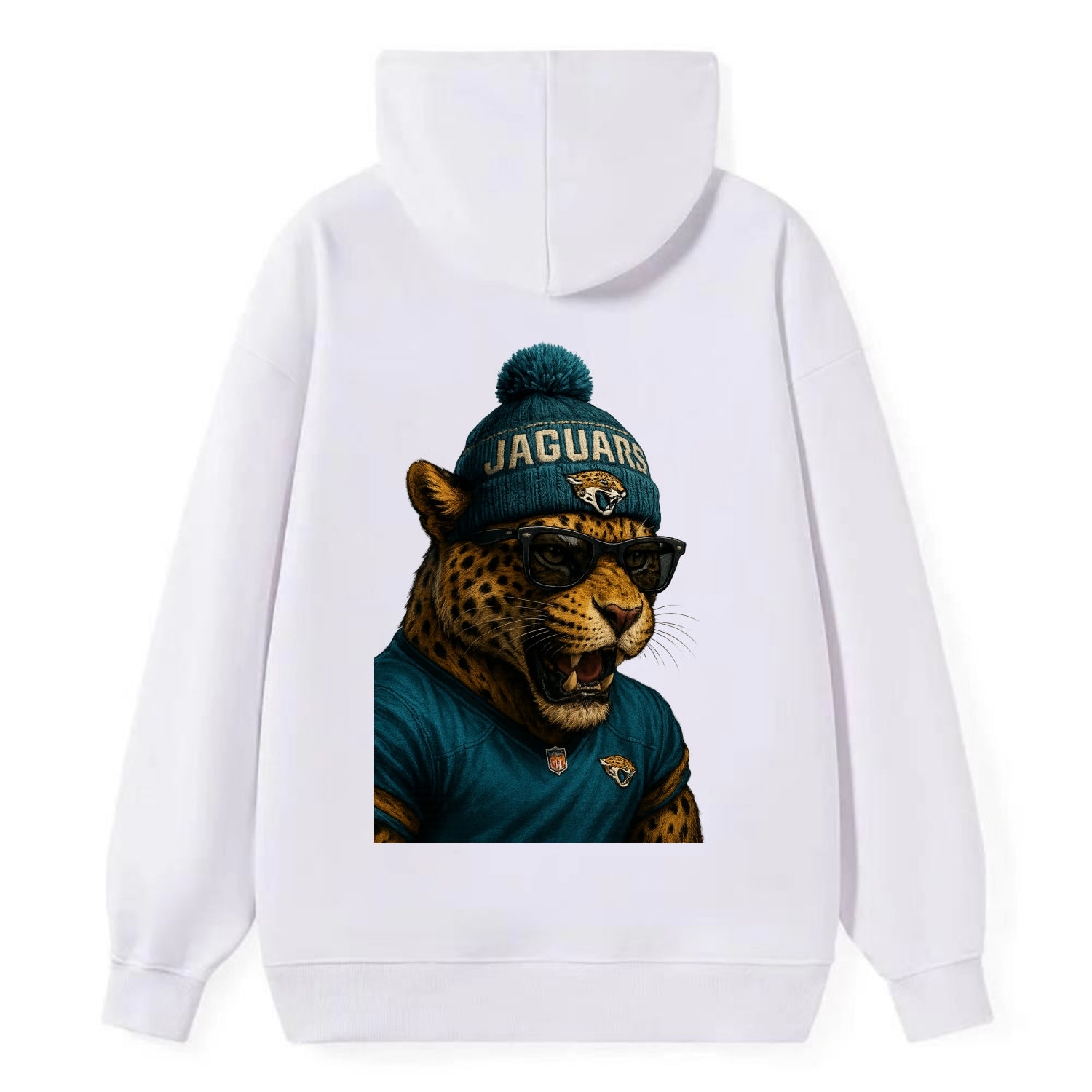 Jacksonville Jaguar wearing Jaguars teal and gold beanie with pom pom and - Classic Pullover Hoodie - White