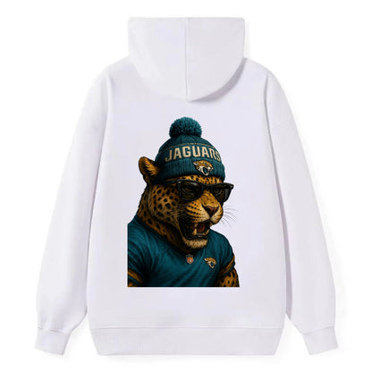Jacksonville Jaguar wearing Jaguars teal and gold beanie with pom pom and - Classic Pullover Hoodie - White