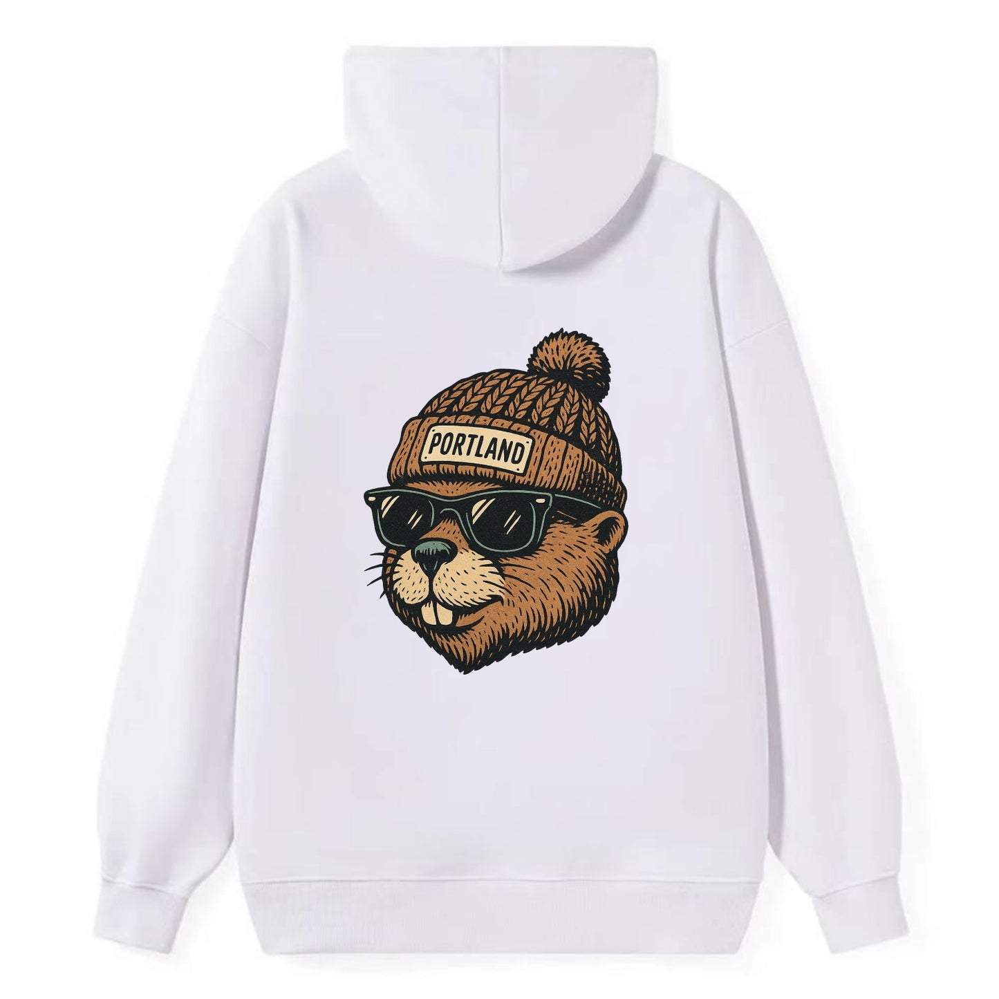 Portland Beaver wearing Portland beanie with pom pom and wayfarer - Classic Pullover Hoodie - White