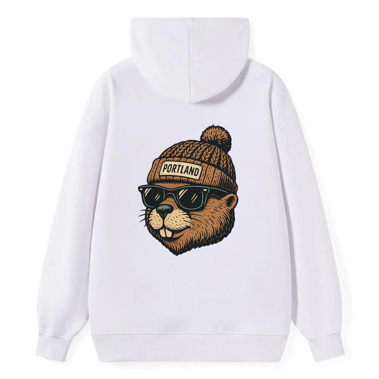 Portland Beaver wearing Portland beanie with pom pom and wayfarer - Classic Pullover Hoodie - White