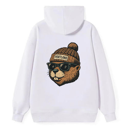Portland Beaver wearing Portland beanie with pom pom and wayfarer - Classic Pullover Hoodie - White