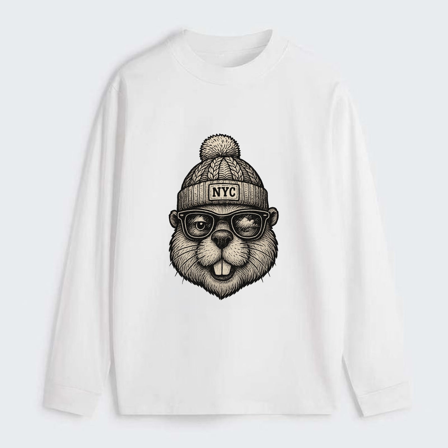 New York Beaver wearing NYC beanie with pom pom and wayfarer sunglasses - Classic Long Sleeve Shirt - White
