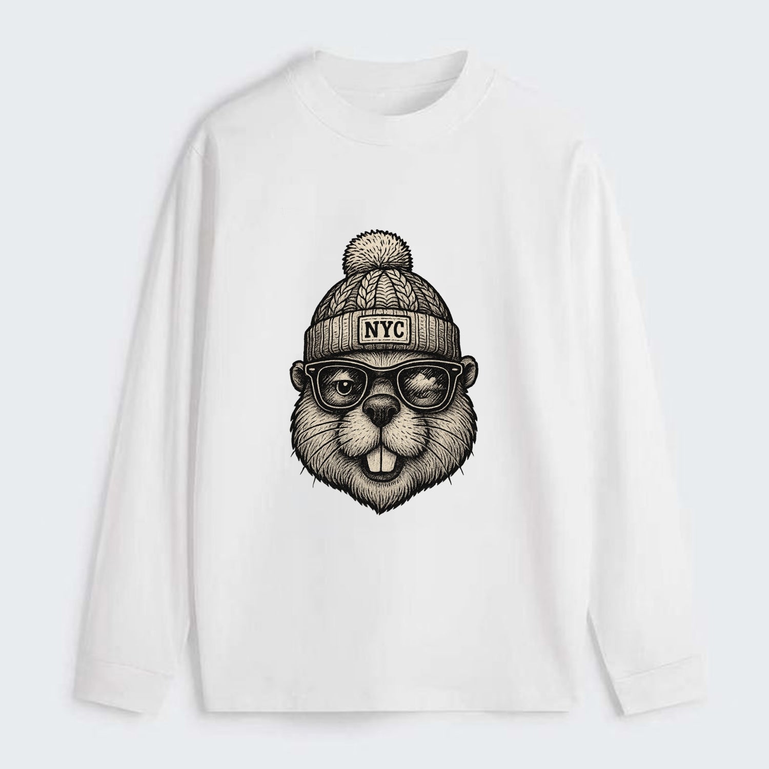 New York Beaver wearing NYC beanie with pom pom and wayfarer sunglasses - Classic Long Sleeve Shirt - White