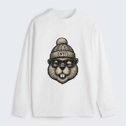 New York Beaver wearing NYC beanie with pom pom and wayfarer sunglasses - Classic Long Sleeve Shirt - White