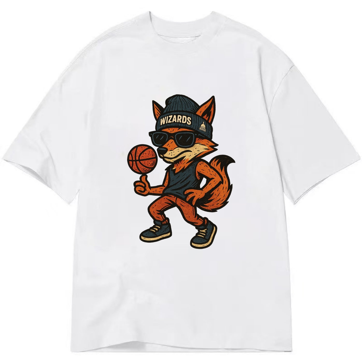 Washington Fox wearing Wizards beanie with capitol patch and wayfarer sunglasses - Classic T-shirt - White