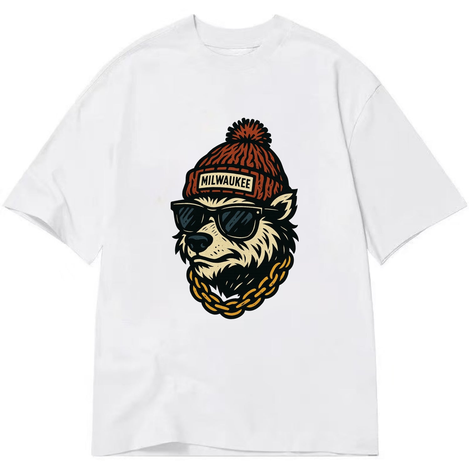 Milwaukee Badger wearing Milwaukee beanie with pom pom and wayfarer sunglasses - Classic T-shirt - White