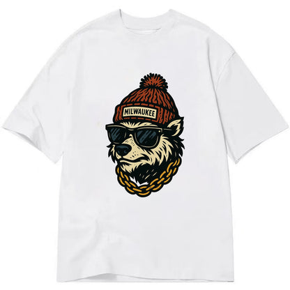 Milwaukee Badger wearing Milwaukee beanie with pom pom and wayfarer sunglasses - Classic T-shirt - White
