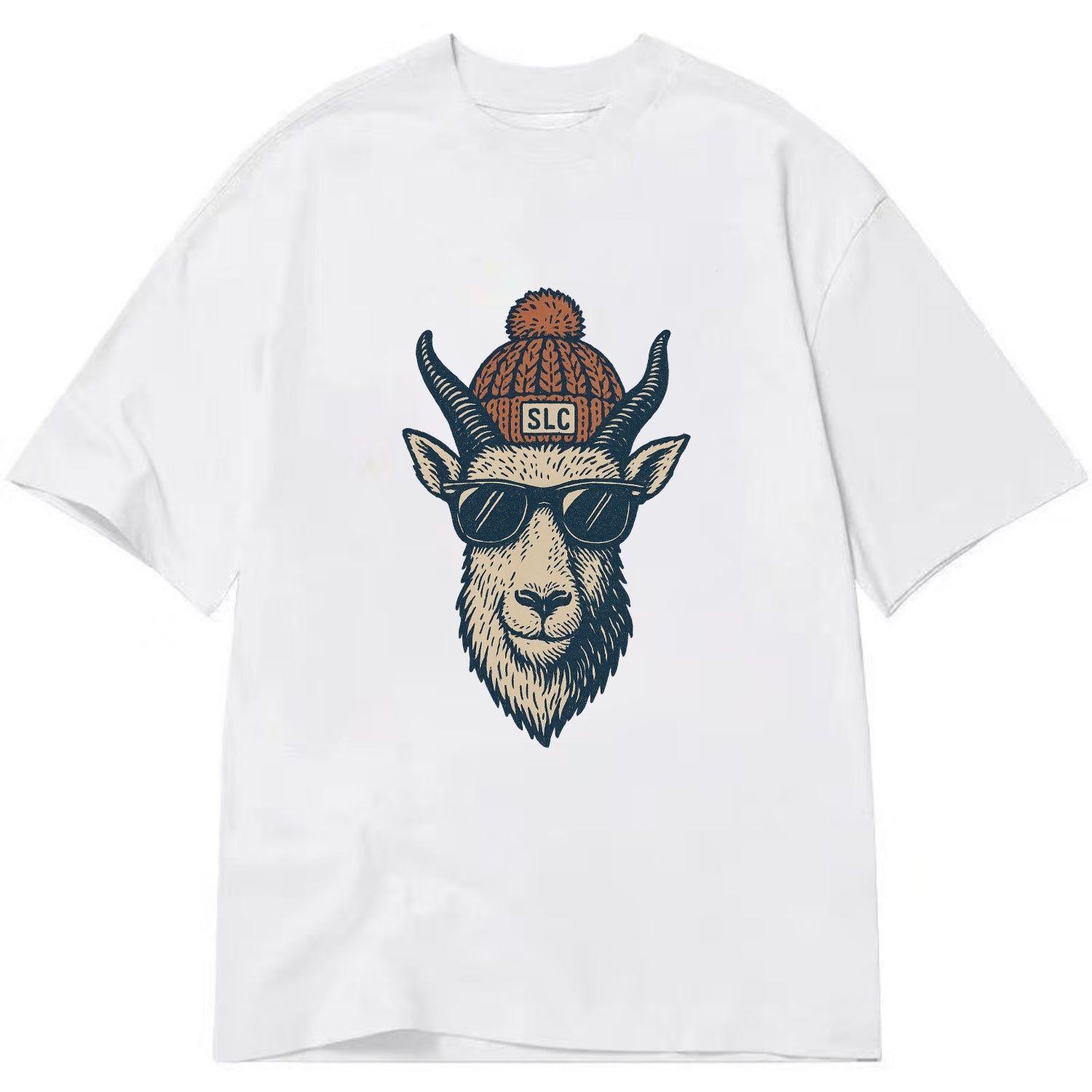 Salt Lake City Mountain Goat wearing SLC beanie with pom pom and wayfarer - Classic T-shirt - White