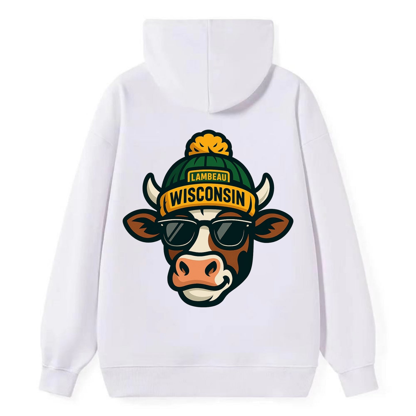 Wisconsin Cow wearing Packers beanie with Lambeau patch and wayfarer - Classic Pullover Hoodie - White