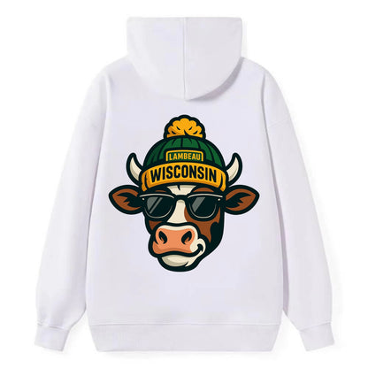 Wisconsin Cow wearing Packers beanie with Lambeau patch and wayfarer - Classic Pullover Hoodie - White