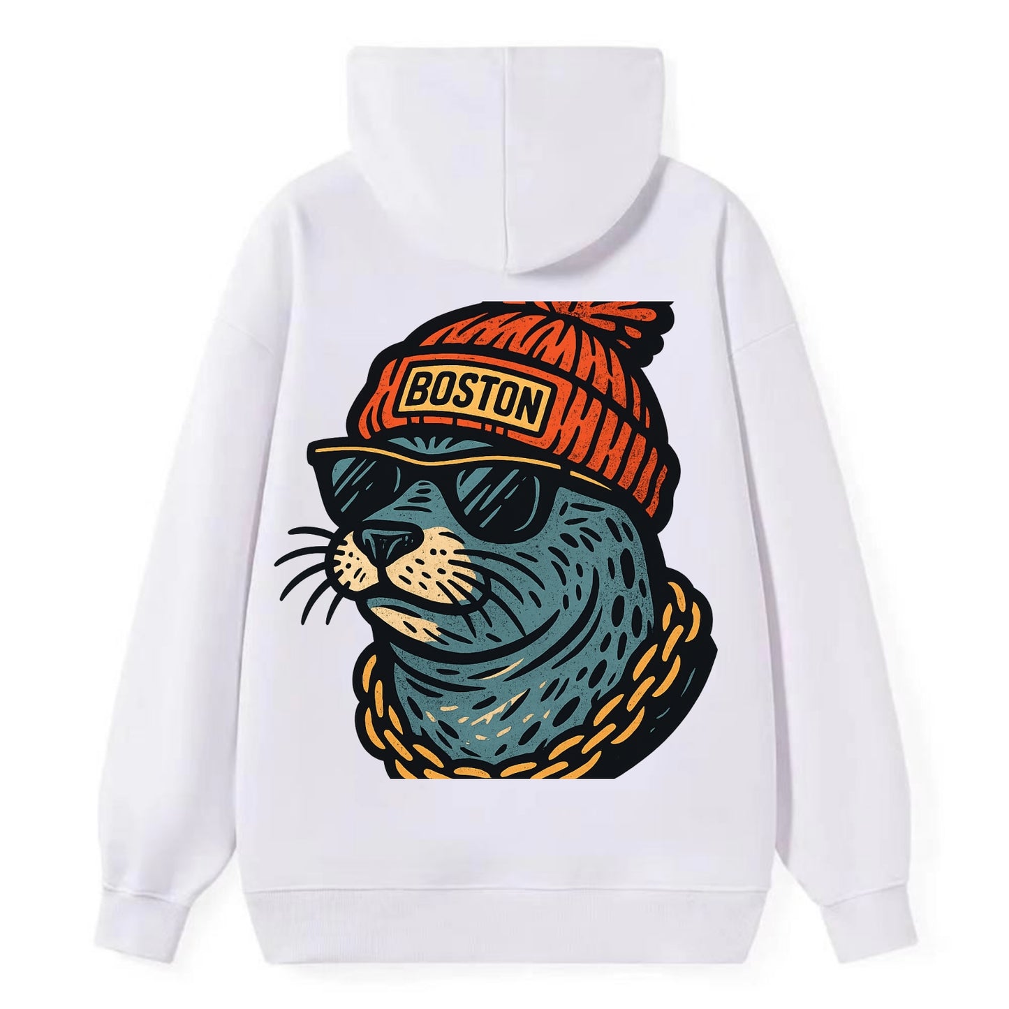 Boston Harbor Seal wearing Boston beanie with pom pom and wayfarer - Classic Pullover Hoodie - White