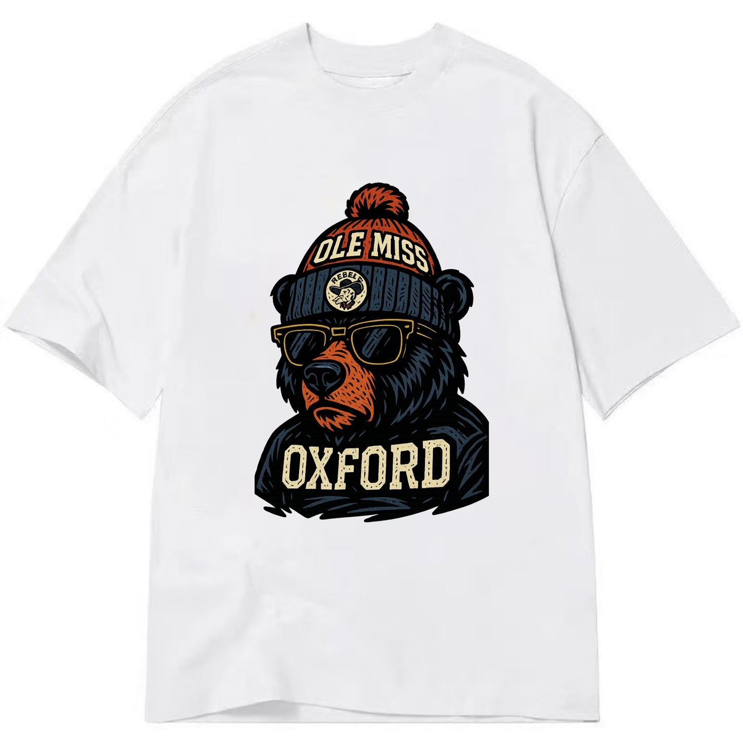 Oxford Black Bear wearing Ole Miss beanie with rebel patch - Classic T-shirt - White