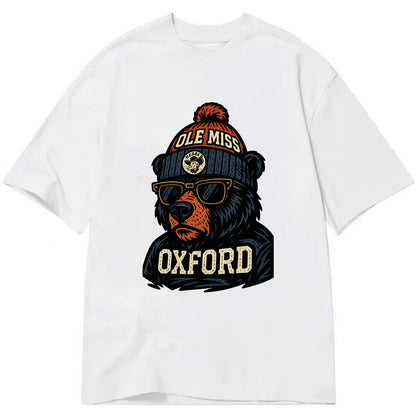 Oxford Black Bear wearing Ole Miss beanie with rebel patch - Classic T-shirt - White