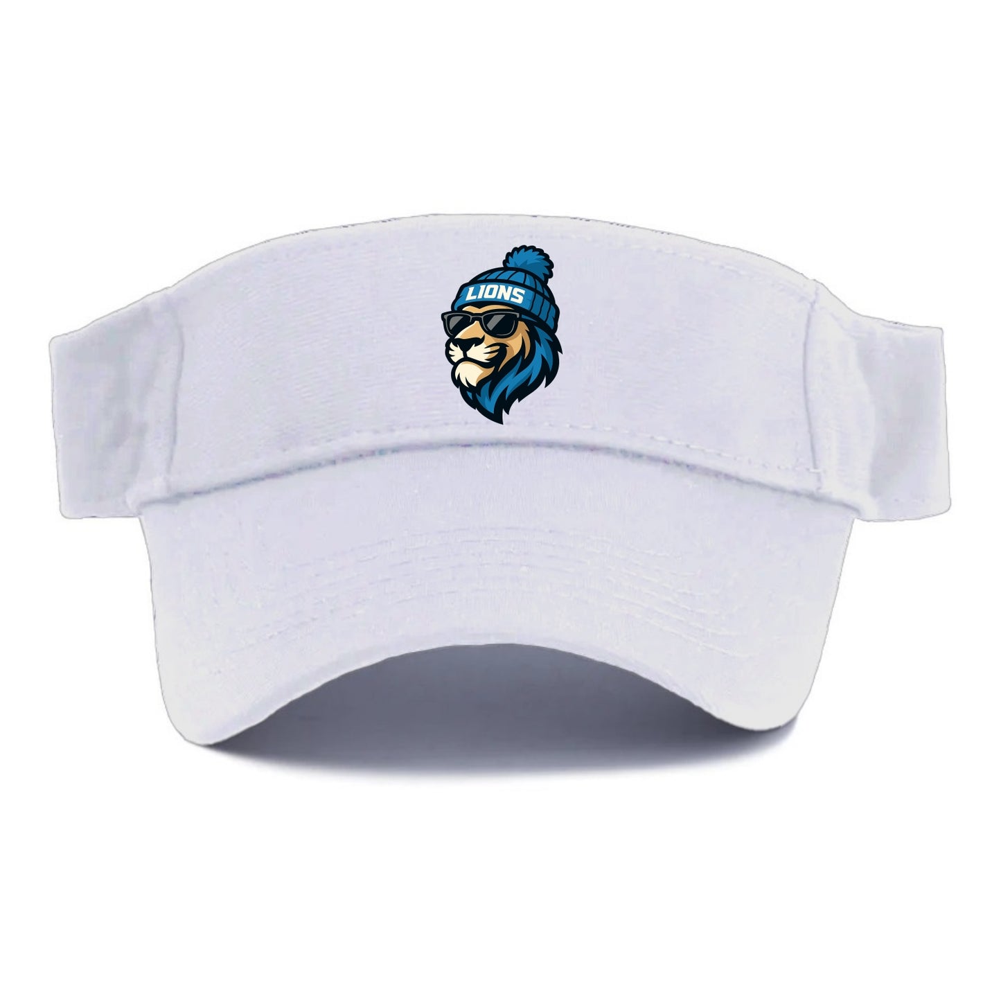 Detroit Lion wearing Lions Honolulu blue and silver beanie with pom pom and wayfarer - Visor - White
