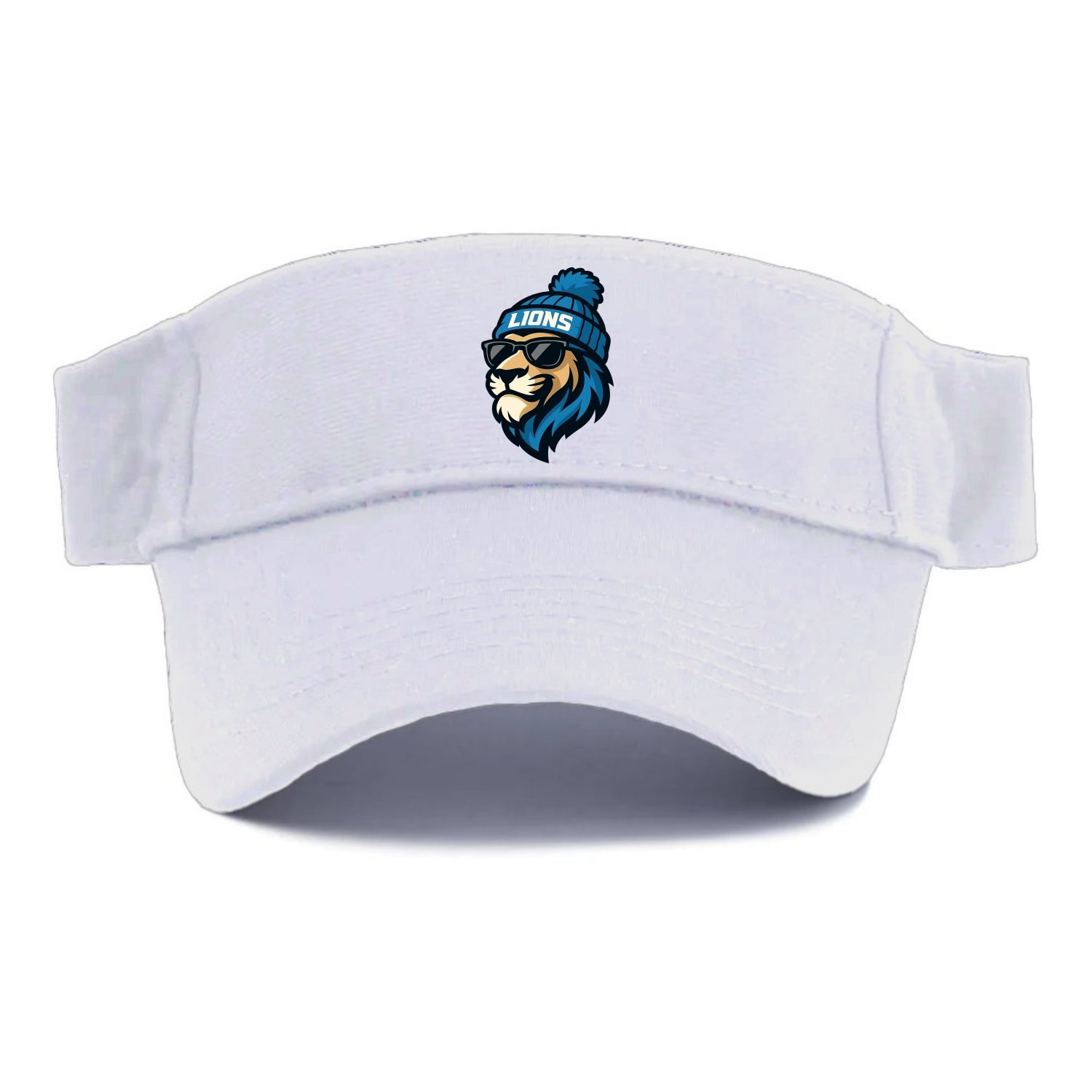 Detroit Lion wearing Lions Honolulu blue and silver beanie with pom pom and wayfarer - Visor - White