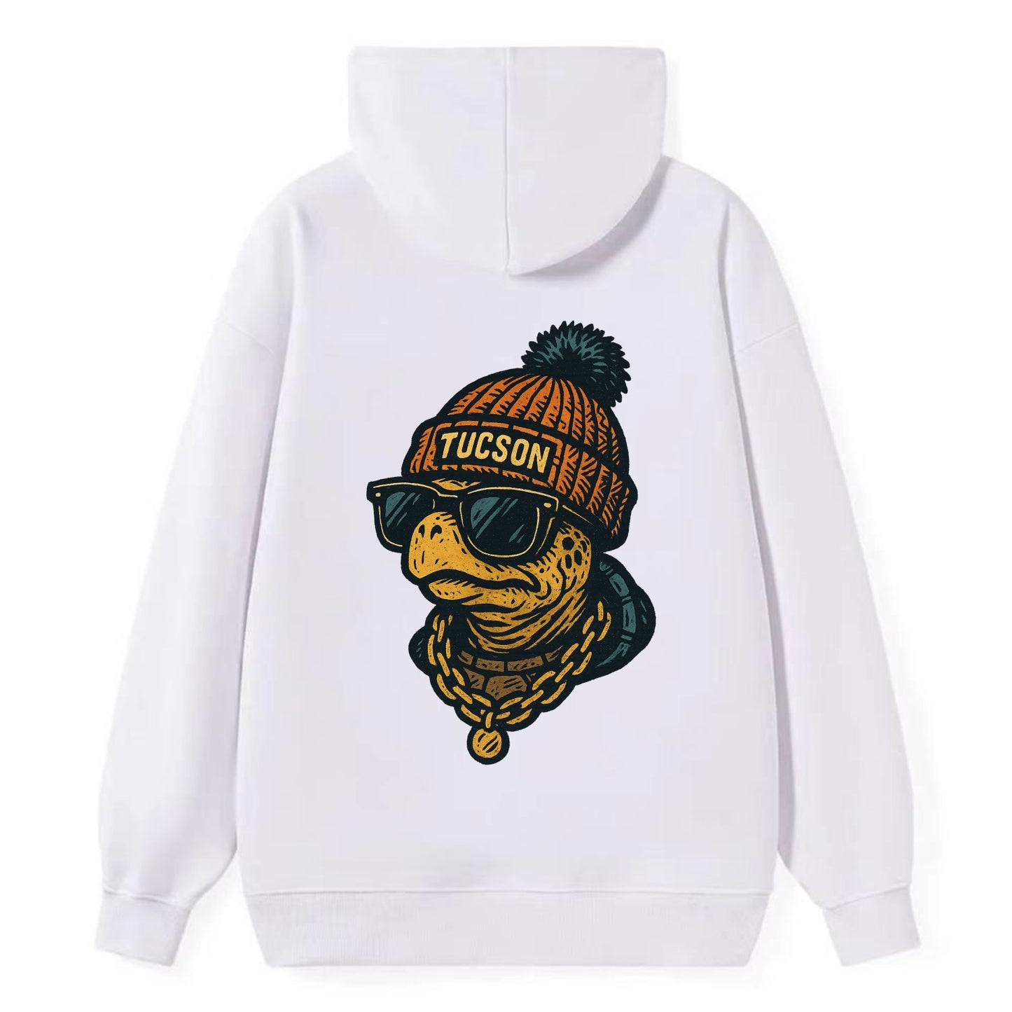 Tucson Desert Tortoise wearing Tucson beanie with pom pom and wayfarer - Classic Pullover Hoodie - White