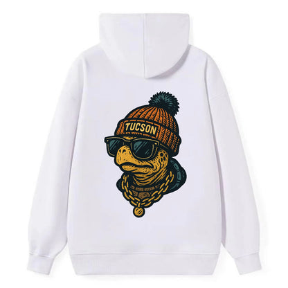 Tucson Desert Tortoise wearing Tucson beanie with pom pom and wayfarer - Classic Pullover Hoodie - White