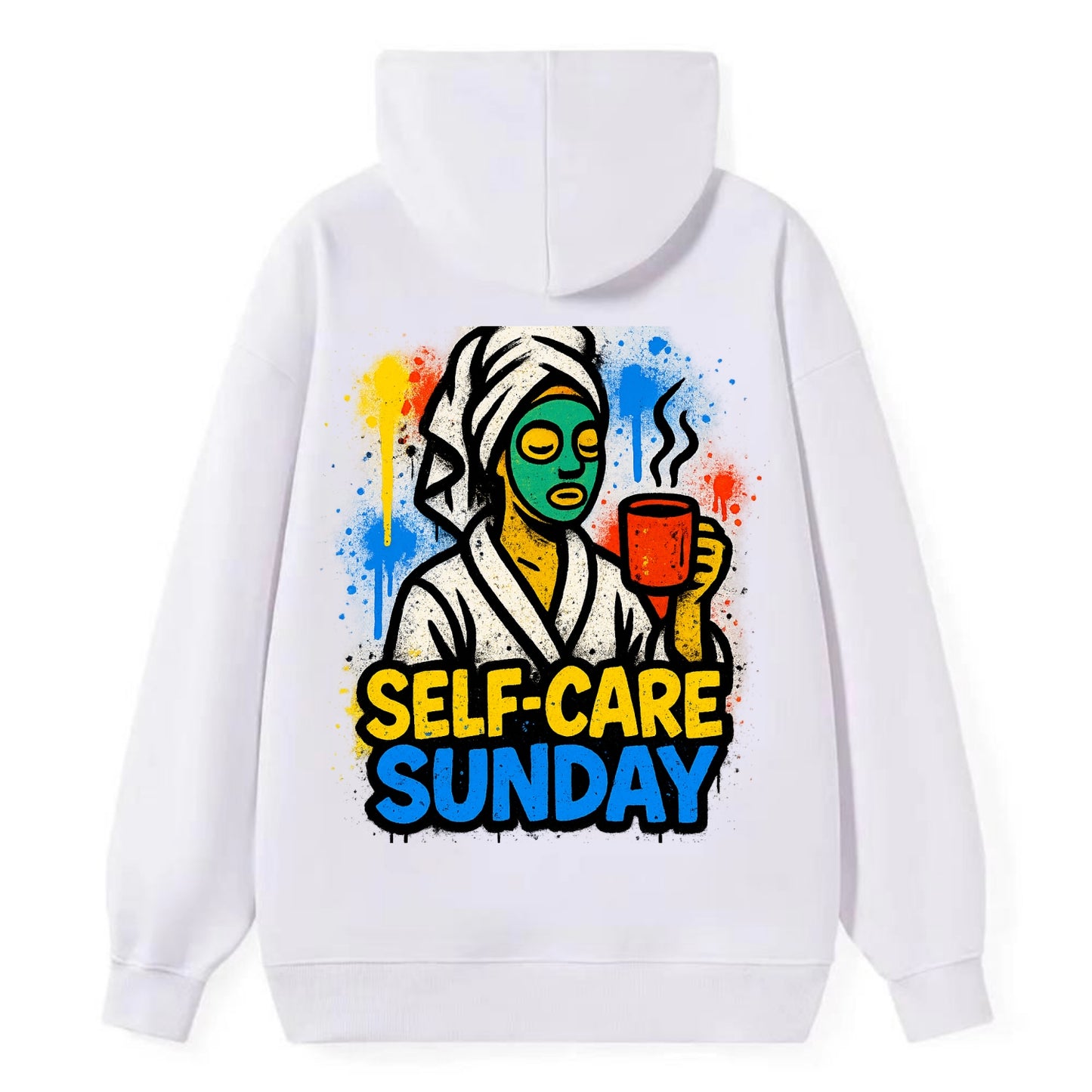 Person in bathrobe with face mask and tea - self-care Sunday ritual, - Classic Pullover Hoodie - White