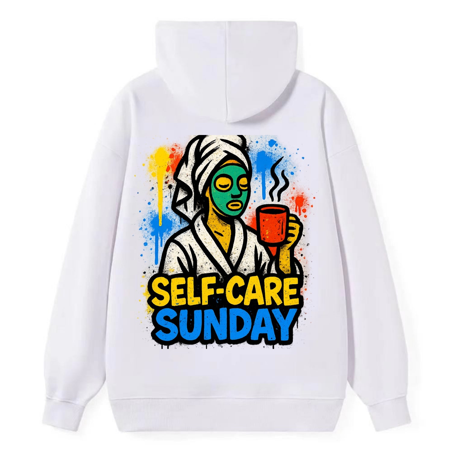 Person in bathrobe with face mask and tea - self-care Sunday ritual, - Classic Pullover Hoodie - White