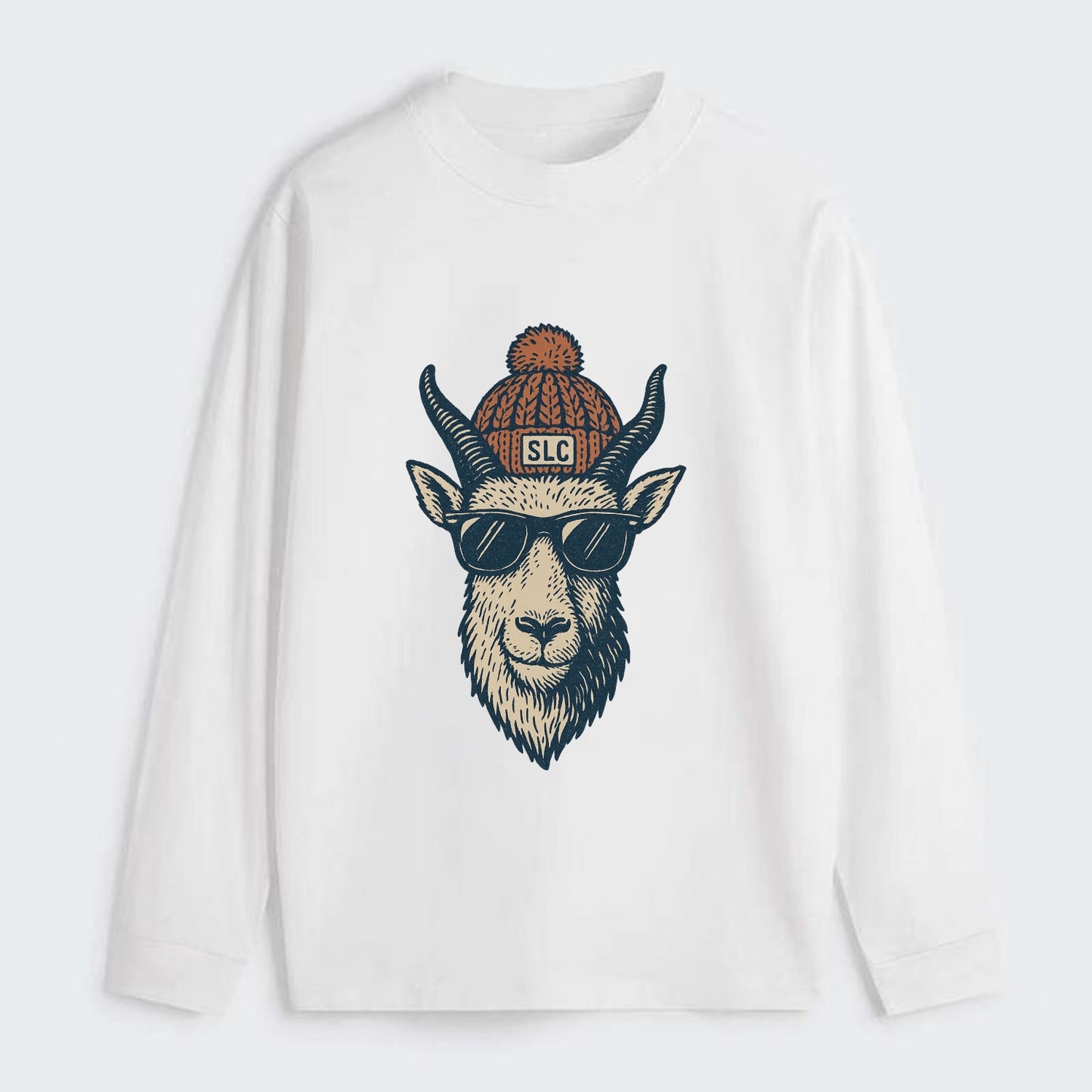 Salt Lake City Mountain Goat wearing SLC beanie with pom pom and - Classic Long Sleeve Shirt - White