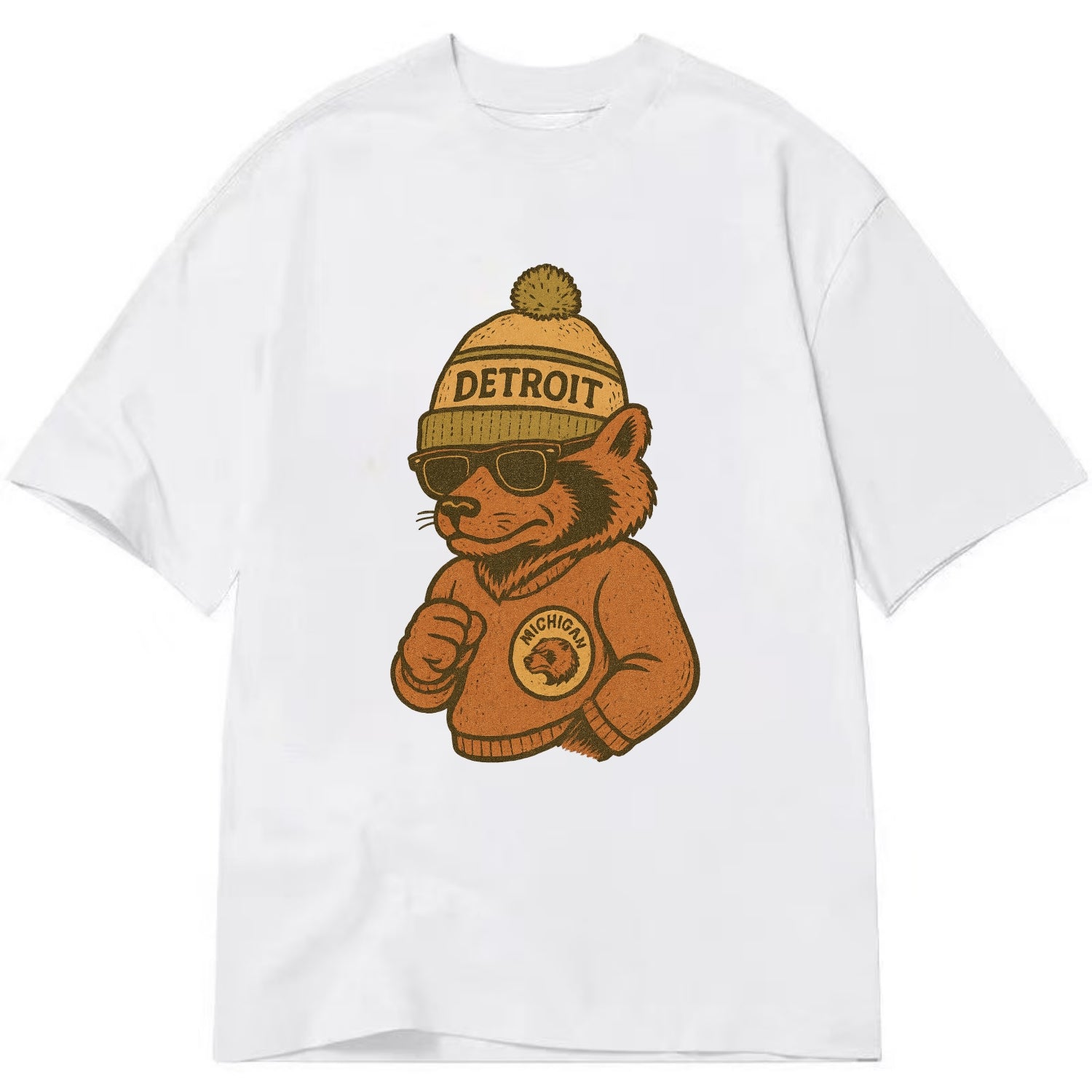 Michigan Wolverine wearing Detroit beanie with pom pom and wayfarer sunglasses - Classic T-shirt - White