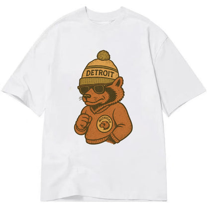 Michigan Wolverine wearing Detroit beanie with pom pom and wayfarer sunglasses - Classic T-shirt - White