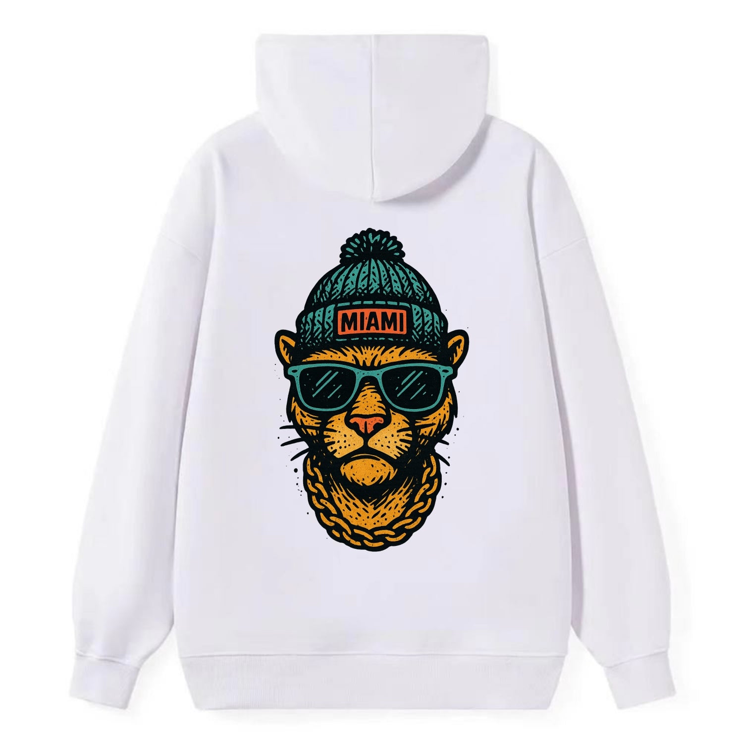 Florida Panther wearing Miami beanie with pom pom and wayfarer sunglasses - Classic Pullover Hoodie - White