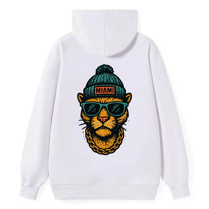 Florida Panther wearing Miami beanie with pom pom and wayfarer sunglasses - Classic Pullover Hoodie - White