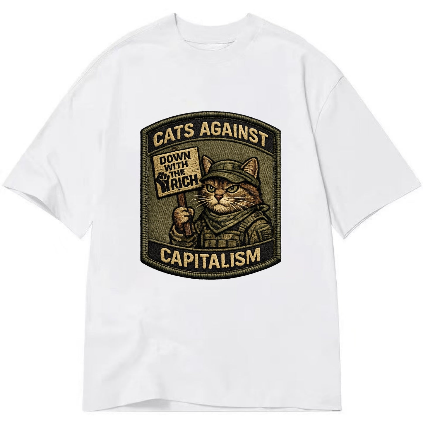 CATS AGAINST CAPITALISM - cat with protest sign in red , political cat - Classic T-shirt - White