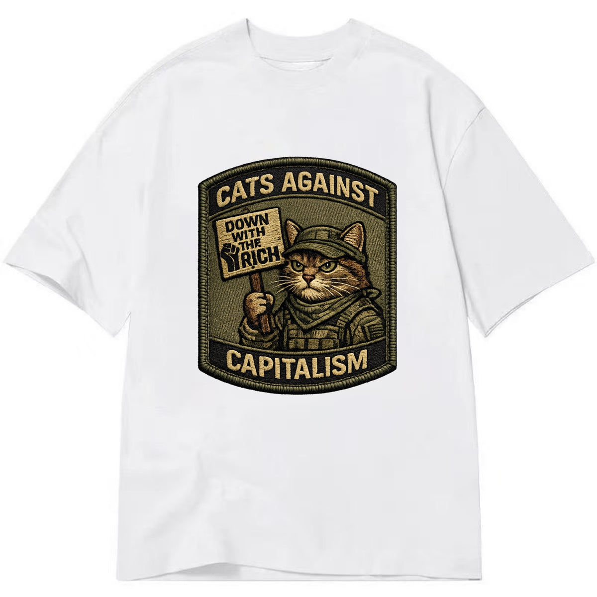 CATS AGAINST CAPITALISM - cat with protest sign in red , political cat - Classic T-shirt - White