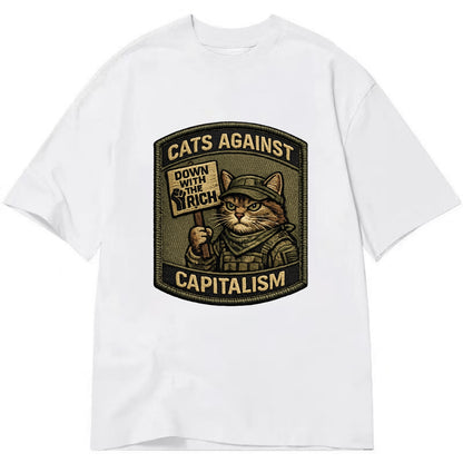 CATS AGAINST CAPITALISM - cat with protest sign in red , political cat - Classic T-shirt - White