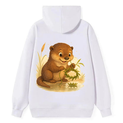 Otter weaving river reeds into a floating crown beside mirror-still water - Classic Pullover Hoodie - White