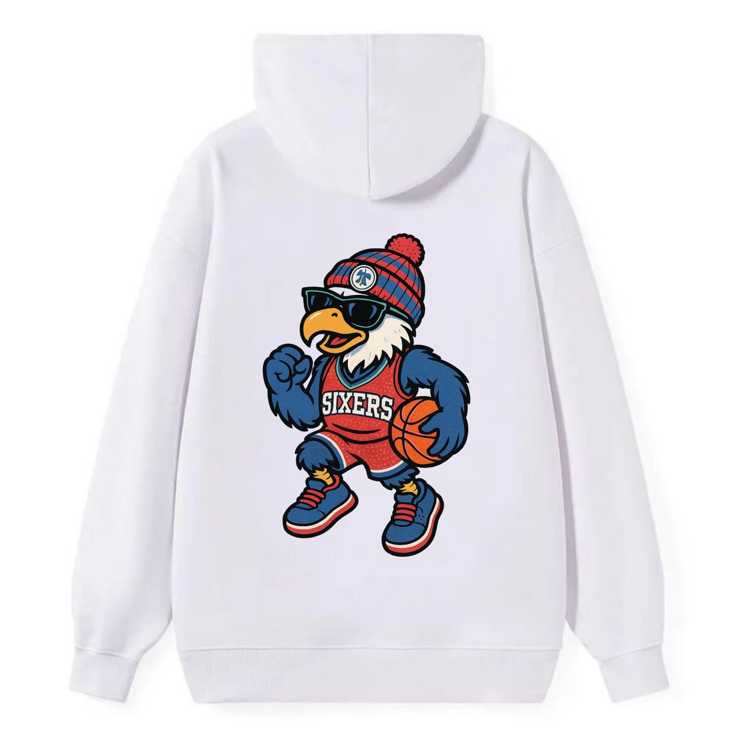 Philadelphia Eagle wearing 76ers red white and blue beanie with bell - Classic Pullover Hoodie - White