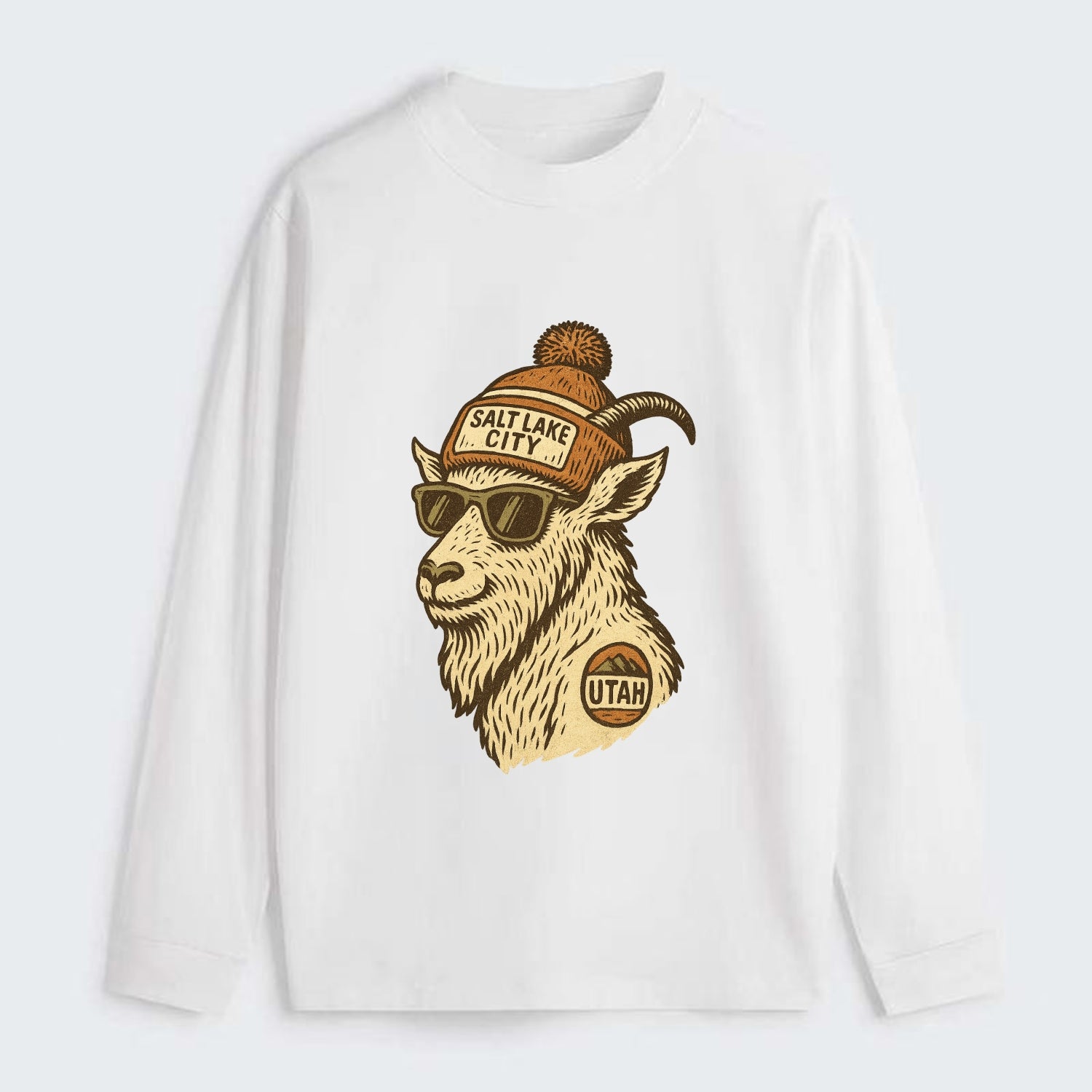 Utah Mountain Goat wearing Salt Lake City beanie with pom pom and - Classic Long Sleeve Shirt - White