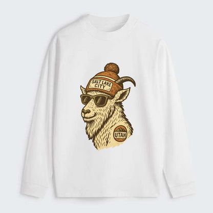 Utah Mountain Goat wearing Salt Lake City beanie with pom pom and - Classic Long Sleeve Shirt - White